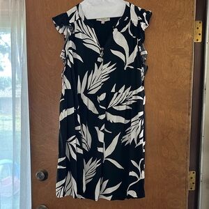 LOFT Black and White Leaf Print Midi Dress